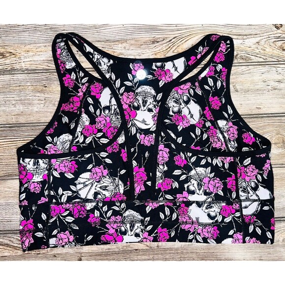 3X Workout Top Sports Bra TORRID Activewear Plus Size Skull Roses Black Pink - Picture 2 of 2
